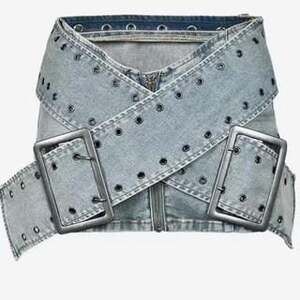Y2K Studded Denim Micro Mini Skirt with Buckle Details - Light Wash